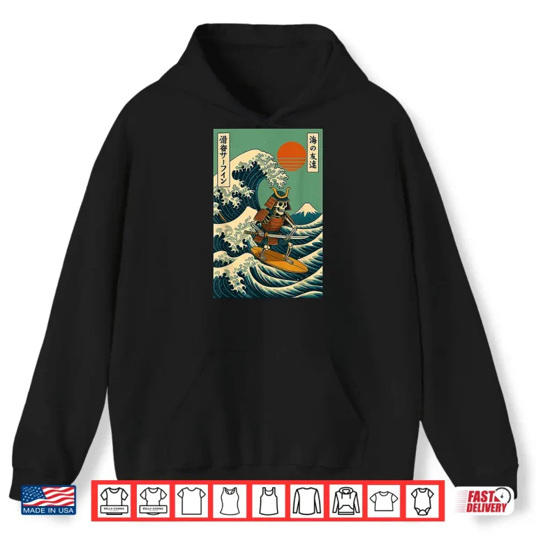 Hoodie Skeleton Samurai Surfing Japanese Wave Shirt