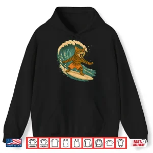 Hoodie Surfing Cat Funny Beach Retro Cat On Surfboard Cat Lovers Shirt