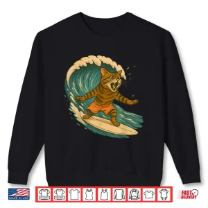 Sweatshirt Surfing Cat Funny Beach Retro Cat On Surfboard Cat Lovers Shirt