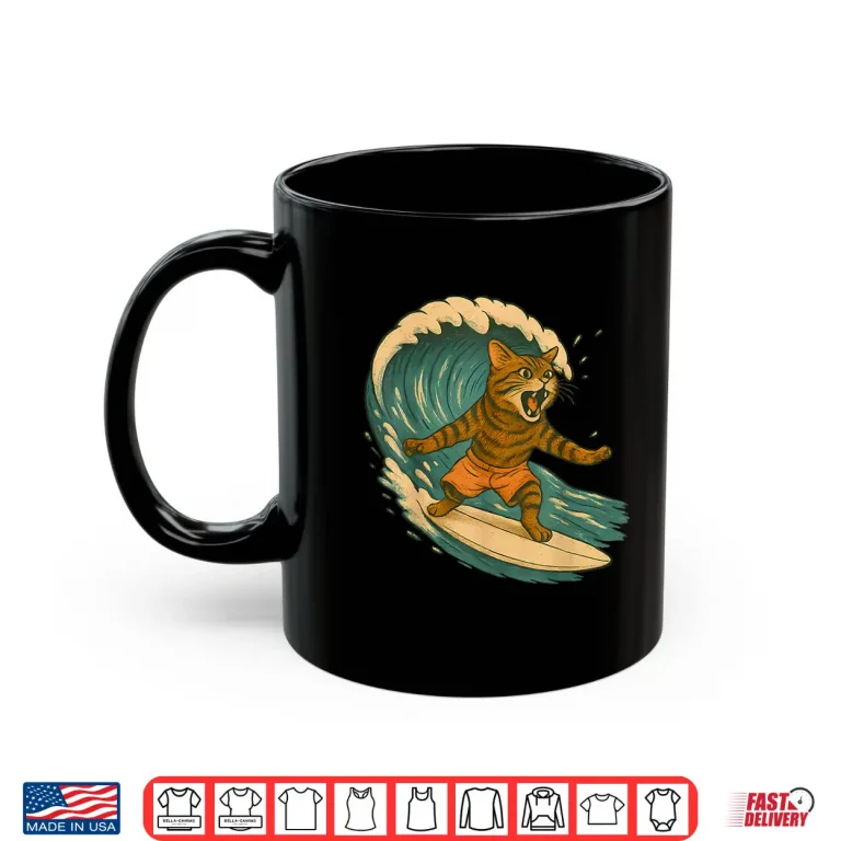 Mug Surfing Cat Funny Beach Retro Cat On Surfboard Cat Lovers Shirt
