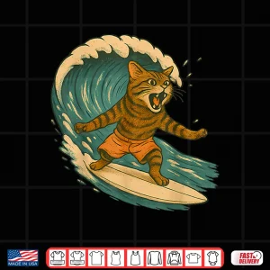 Design Surfing Cat Funny Beach Retro Cat On Surfboard Cat Lovers Shirt