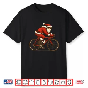 Retro Santa Riding Bicycle Cycling Biking Elf Bike Christmas Shirt