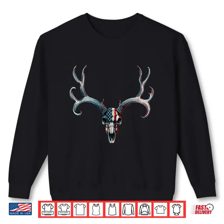 Sweatshirt Mule Deer Hunting American Flag On Buck Skull Graphic Shirt