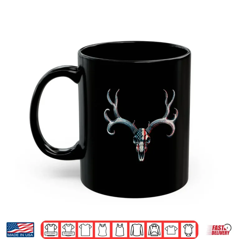 Mug Mule Deer Hunting American Flag On Buck Skull Graphic Shirt