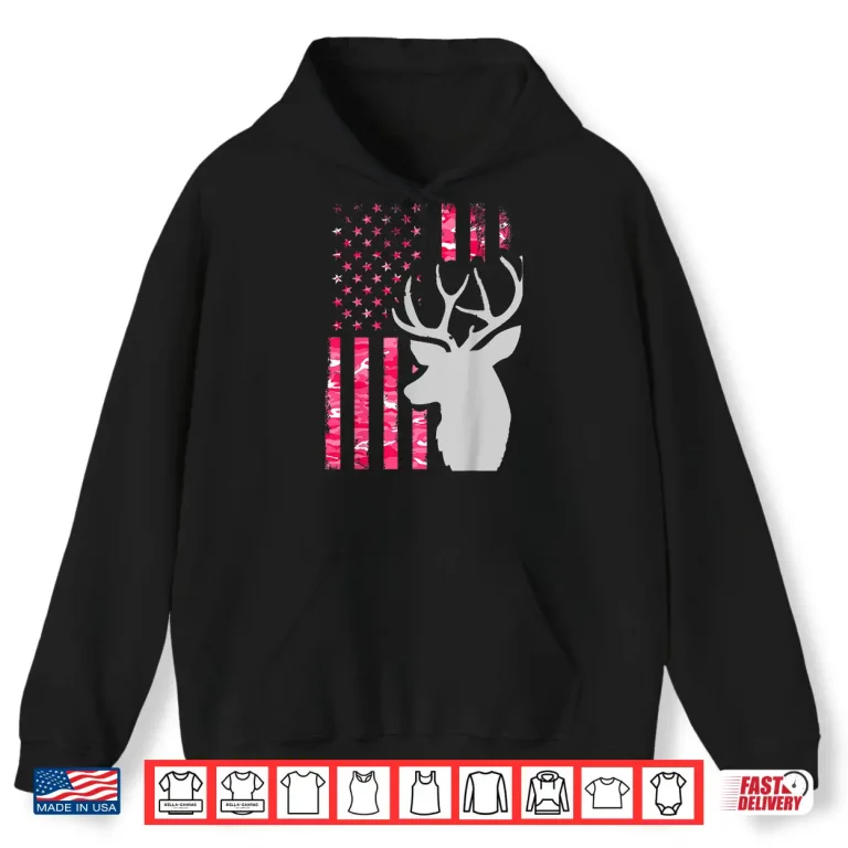 Hoodie Pink Camo American Flag Camouflage Buck Hunting Graphic Shirt