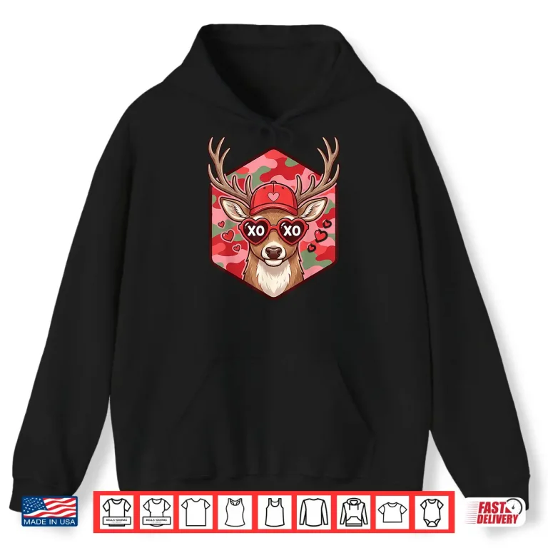 Hoodie Retro Funny Valentines Day Hunting Deer Camo Graphic Shirt