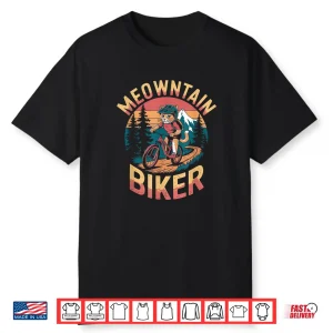 Retro Mountain Biker Pun Funny Mountain Biking Cat Men Women Kids Shirt