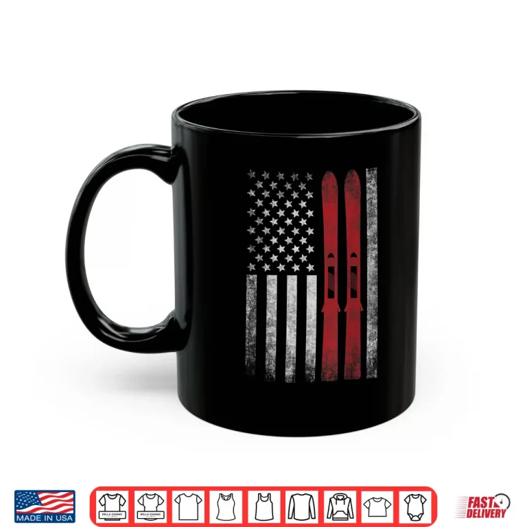 Mug American Flag Skis. Skiing Winter Sports for US Skiers. Shirt