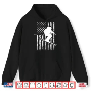 Hoodie Downhill Ski Team 4th Of July USA American Flag Skiing Skier Women Kids Men Shirt