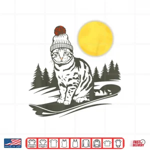Design Vintage Cute Cat On A Snowboard Snowboarding Mountains Ski Shirt