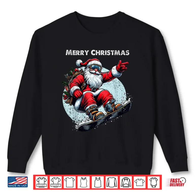 Sweatshirt Santa Claus Snowboarding Merry Christmas Winter Holiday Xmas Shirt