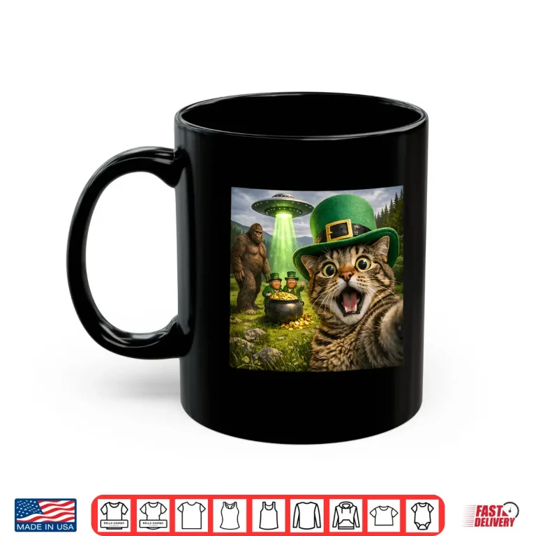 Mug Funny St Patricks Day Cat Selfie with Leprechaun Bigfoot UFO Shirt