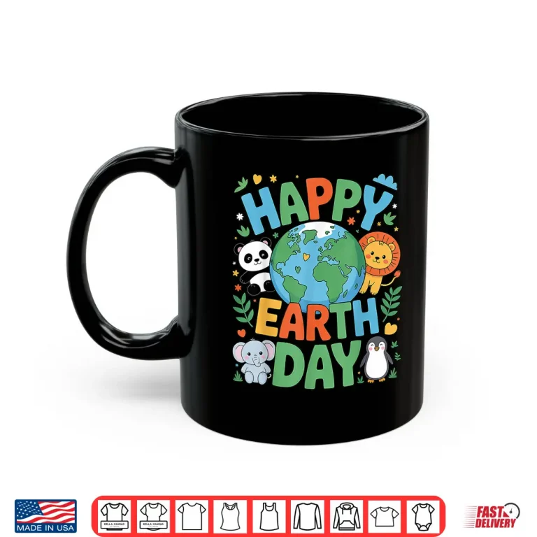 Mug Smiling Earth Surrounded by Baby Animals Happy Earth Day Shirt