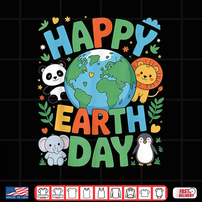 Design Smiling Earth Surrounded by Baby Animals Happy Earth Day Shirt