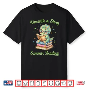 Unearth A Story Triceratops Dinosaur Reading Books Cute Dino Shirt