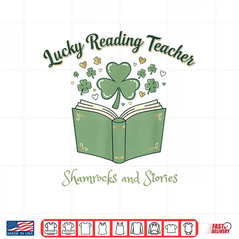 Design Lucky Reading Teacher Shamrocks and Stories Book Women Men Shirt