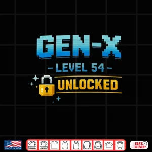 Design Gen X Level 54 Unlocked Retro Gamer Vintage Birthday Shirt