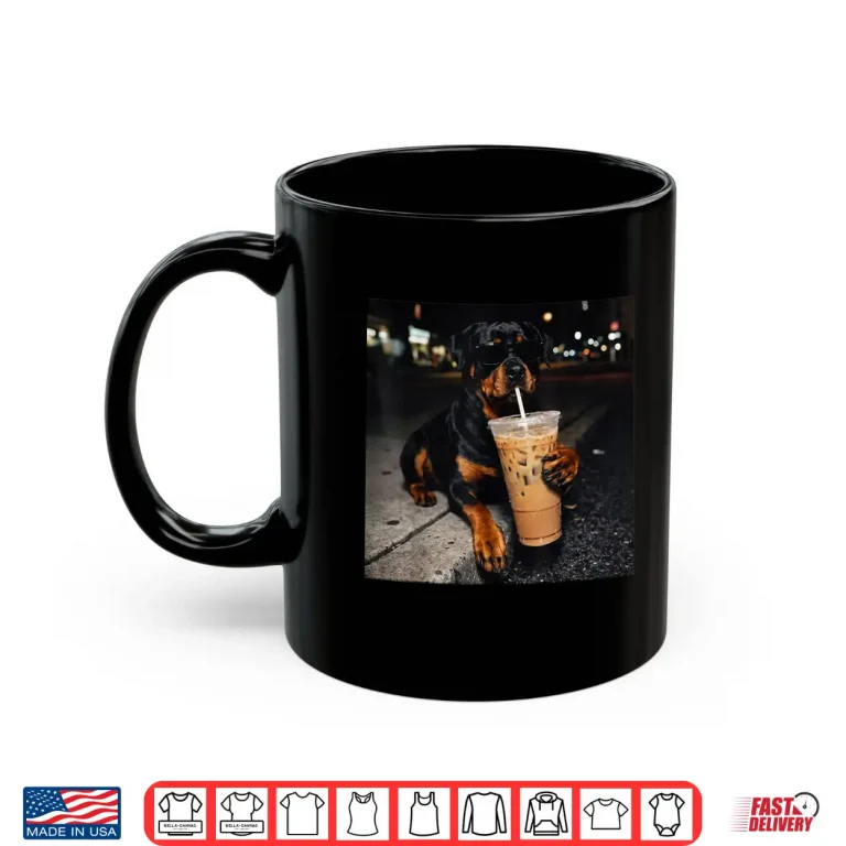 Mug Dog Rottweiler Drinking Iced Coffee Funny Animal Meme Shirt