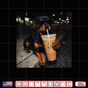 Design Dog Rottweiler Drinking Iced Coffee Funny Animal Meme Shirt