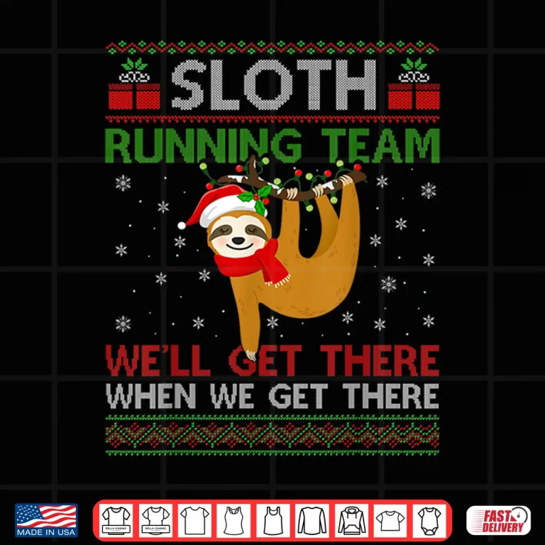 Design Funny Sloth Running Team Xmas Lights Ugly Sloth Christmas Shirt