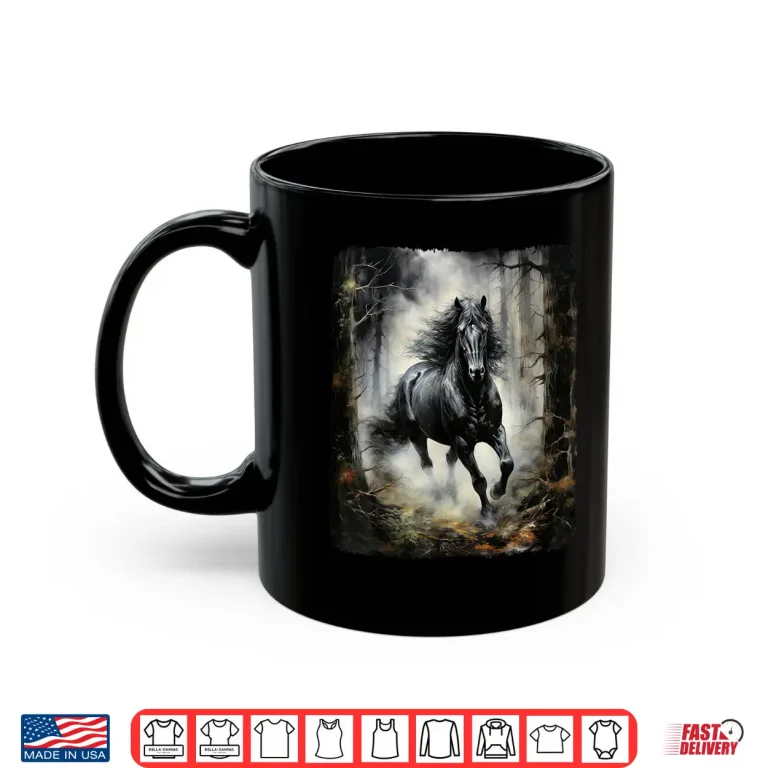 Mug Beautiful black Horse running through the forest by night Shirt