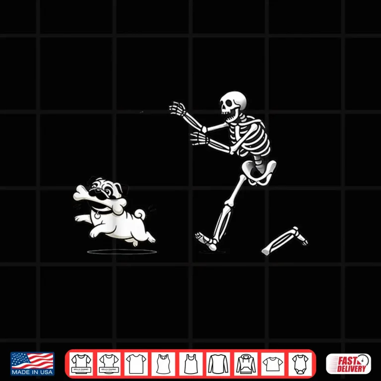 Design Funny Pug Dog Steals Bone from Skeleton Design Shirt