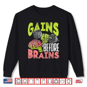Sweatshirt Halloween Workout Zombie Weightlifting Gains Before Brains Shirt