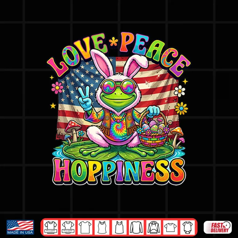 Design Patriotic Retro Easter Frog Bunny Ears Love Peace Hoppiness Shirt