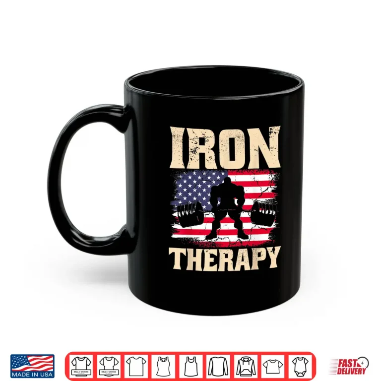Mug Iron Therapy Gym Deadlift Powerlift USA American Flag Patriotic Shirt