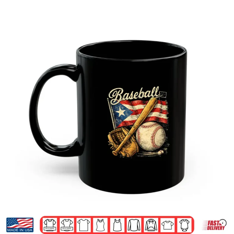Mug Puerto Rico Flag Baseball Player Bat Fan Catcher Pitcher Shirt