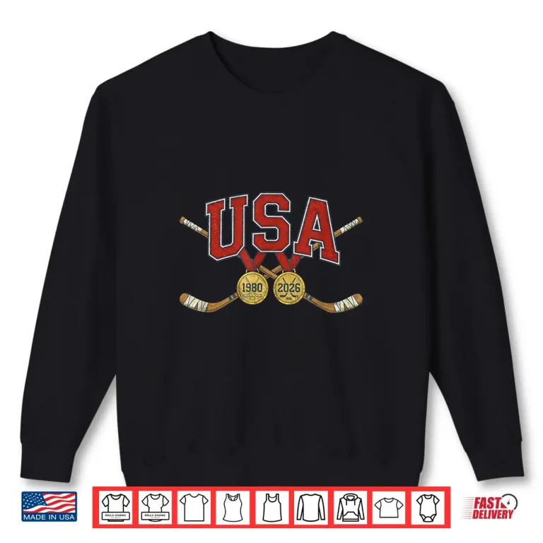 Sweatshirt Patriotic American Flag Hockey Vintage USA Crossed Sticks Shirt