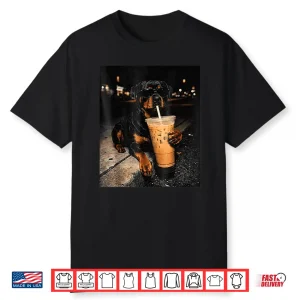 Rottweiler Drinking Iced Coffee Funny Animal Meme Men Women Shirt