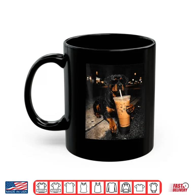 Mug Rottweiler Drinking Iced Coffee Funny Animal Meme Men Women Shirt