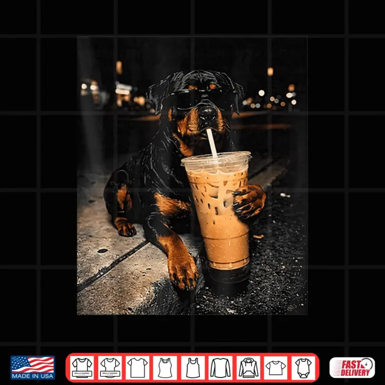 Design Rottweiler Drinking Iced Coffee Funny Animal Meme Men Women Shirt