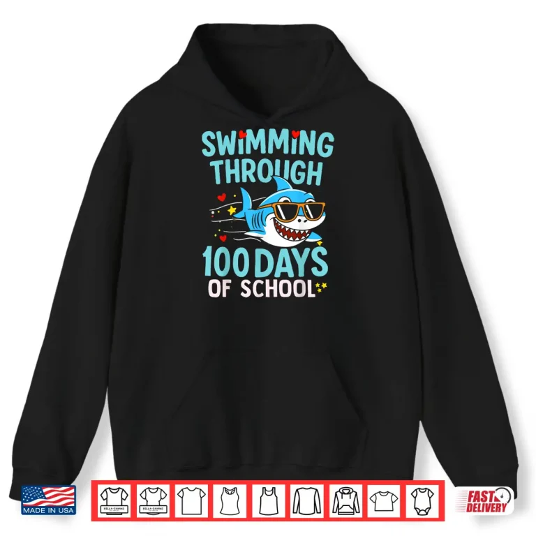 Hoodie Through One Hundred Days Of School Sea Swimming Shark Graphic Shirt