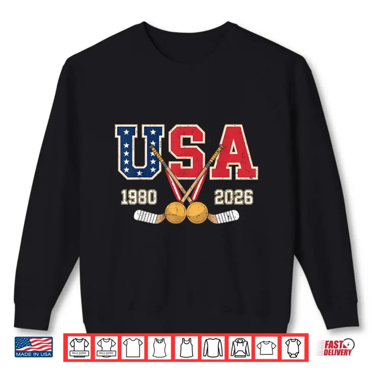 Sweatshirt 1980 and 2026 Hockey Vintage USA Crossed Sticks Patriotic Shirt