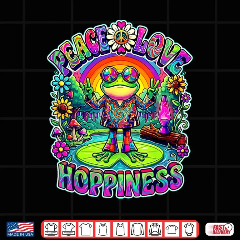 Design Psychedelic 70s Frog with Rainbow Peace Love Hoppiness Vibes Shirt