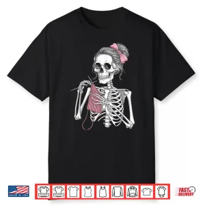 Messy Bun Skeleton Crochet Knitting Spooky Halloween Graphic Shirt