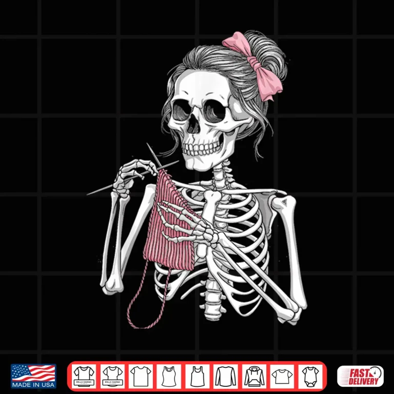 Design Messy Bun Skeleton Crochet Knitting Spooky Halloween Graphic Shirt