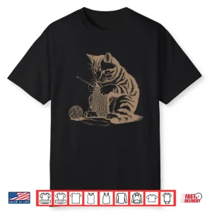 Cute Cat Design Yarn Knitter Crocheting Retro Vintage Shirt