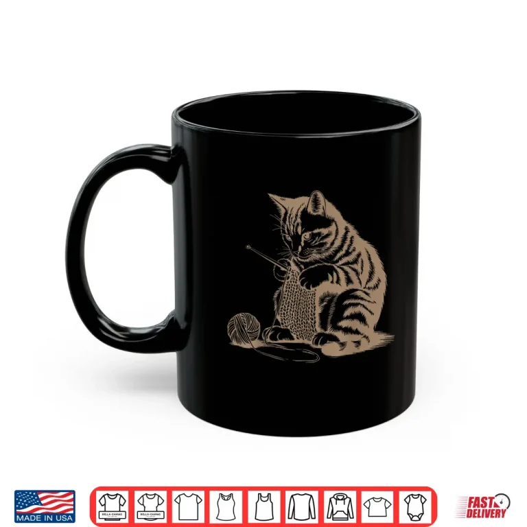 Mug Cute Cat Design Yarn Knitter Crocheting Retro Vintage Shirt