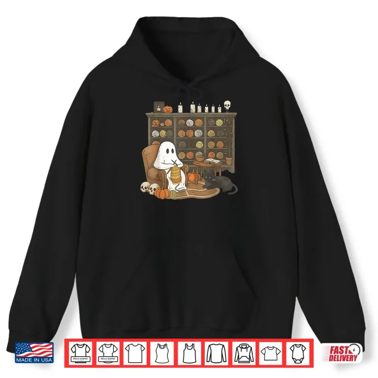Hoodie Boo Ghost Halloween Yarn Crochet Knitting Spooky Retro Shirt