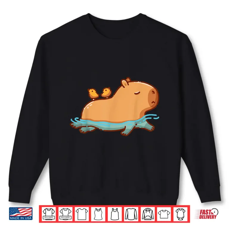 Sweatshirt Animal Cartoon Graphic Swimming Capybara Birds Funny Character Shirt