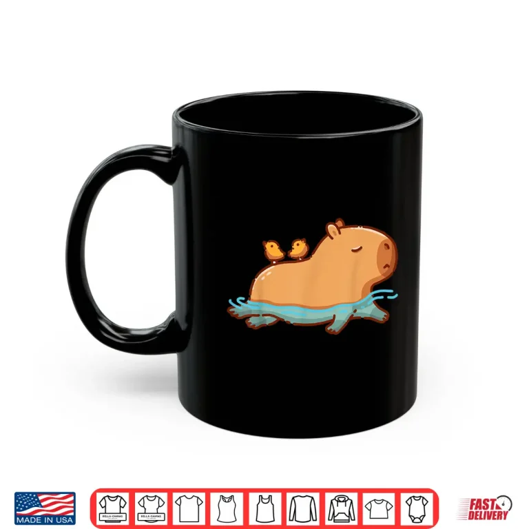 Mug Animal Cartoon Graphic Swimming Capybara Birds Funny Character Shirt