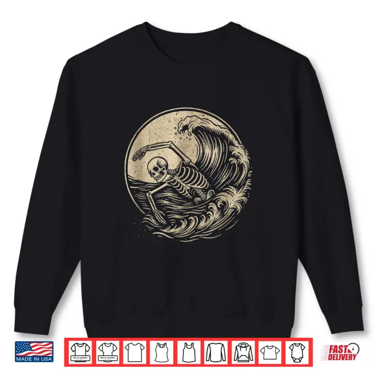 Sweatshirt Skeleton Wave Design Swimming Swimmer Professional Retro Vintage Shirt