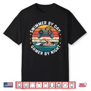 Gamer By Night Swimmer Swimming Professional Retro Gaming Shirt