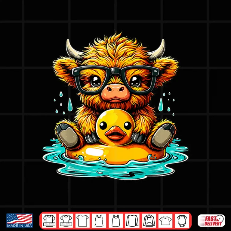Design Summer Vacation Highland Cow and Rubber Duck Swimming Graphic Shirt