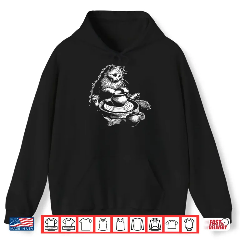 Hoodie Cat At Wheel Pottery Wheel Throwing Ceramic Artist Funny Retro Shirt