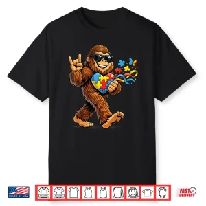 Bigfoot Rock Hand Autism Awareness Puzzle Heart Ribbon Shirt