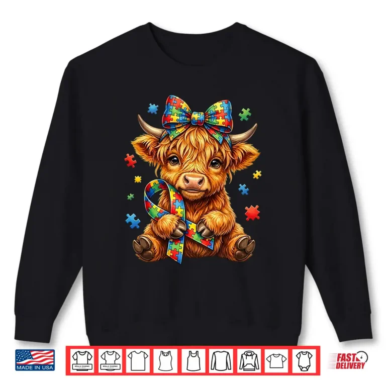 Sweatshirt Cute Highland Cow Autism Awareness Puzzle Ribbon Graphic Shirt